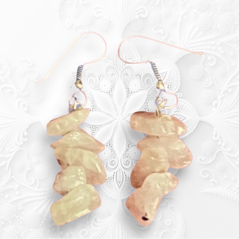 Hand Crafte Rose Quartz Stacked Chip Earrings Natural Stones Pink Pierced - Picture 2 of 6
